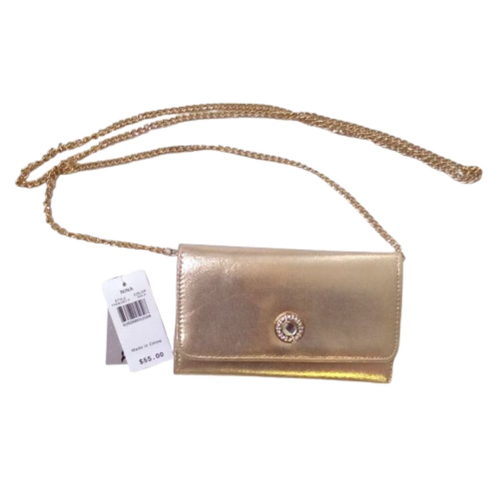 Nina Gold Metallic Rhinestone Wallet on Chain Crossbody Purse NWT